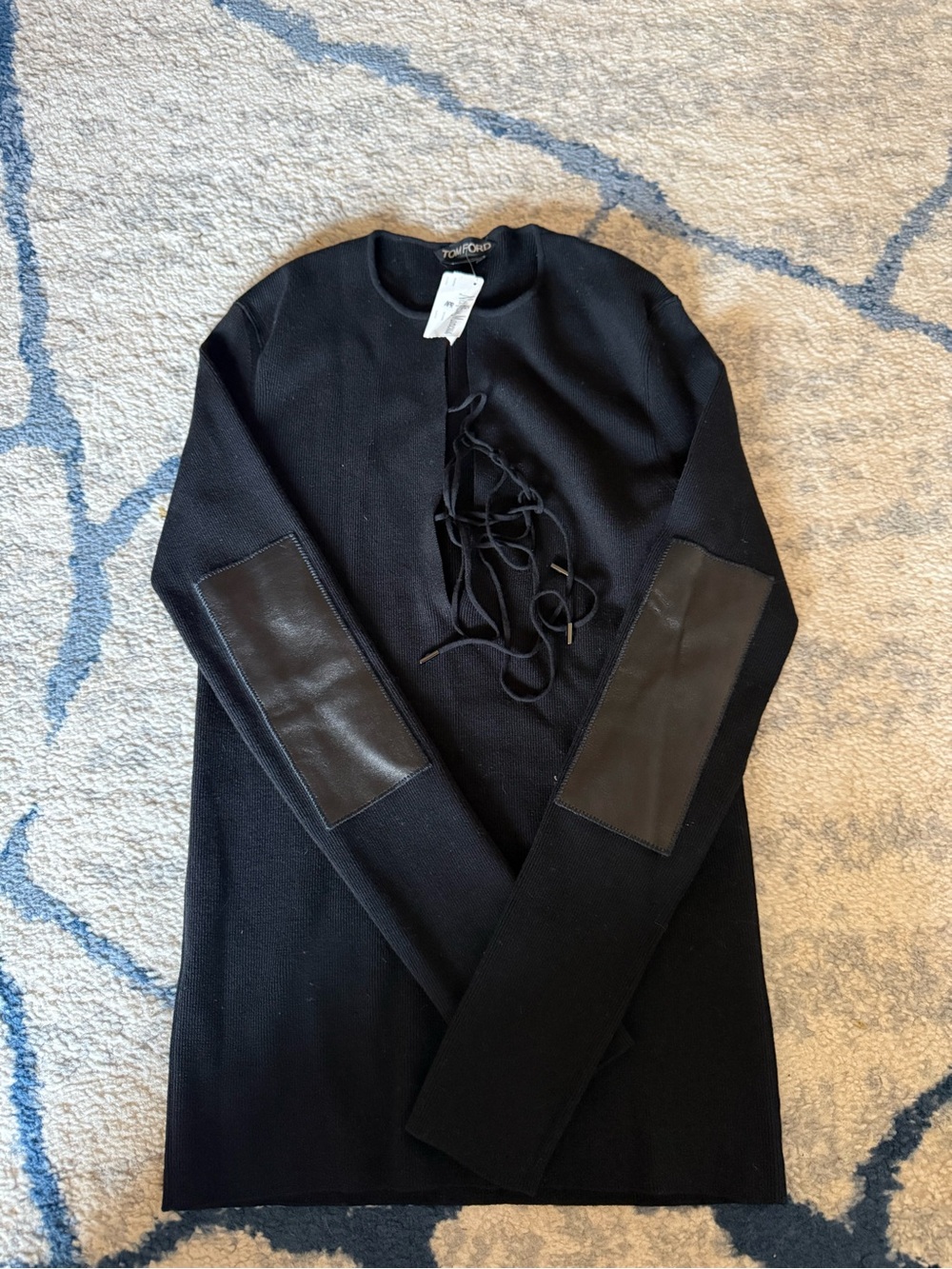 Tom Ford Black Wool Silk Cashmere Lace-Up Knit Sweater Leather Patch Size S NWT